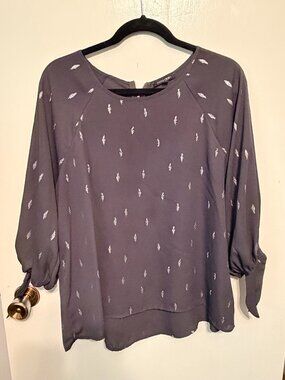 Papermoon Charcoal Grey Silver Metallic Foil Dot Blouse Large Tie Sleeve Top
